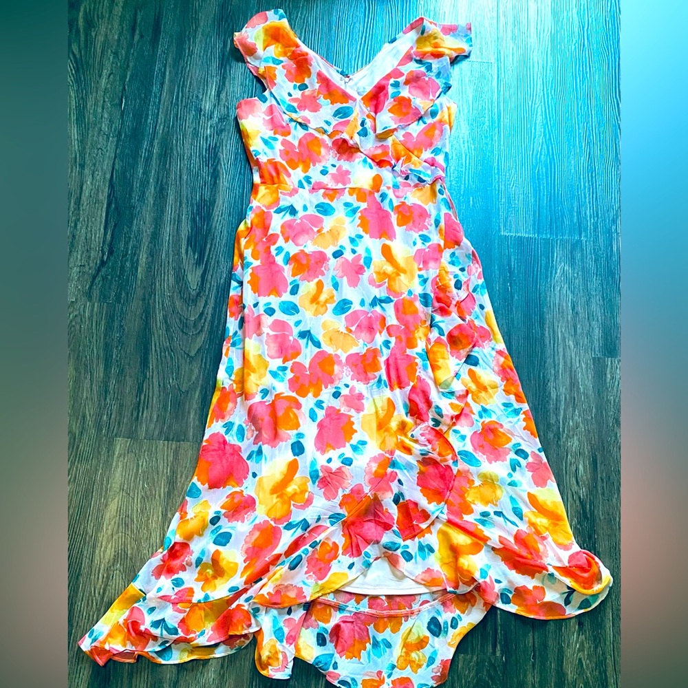EUC London Times Pink and Orange Ruffled Tiered Maxi Dress
